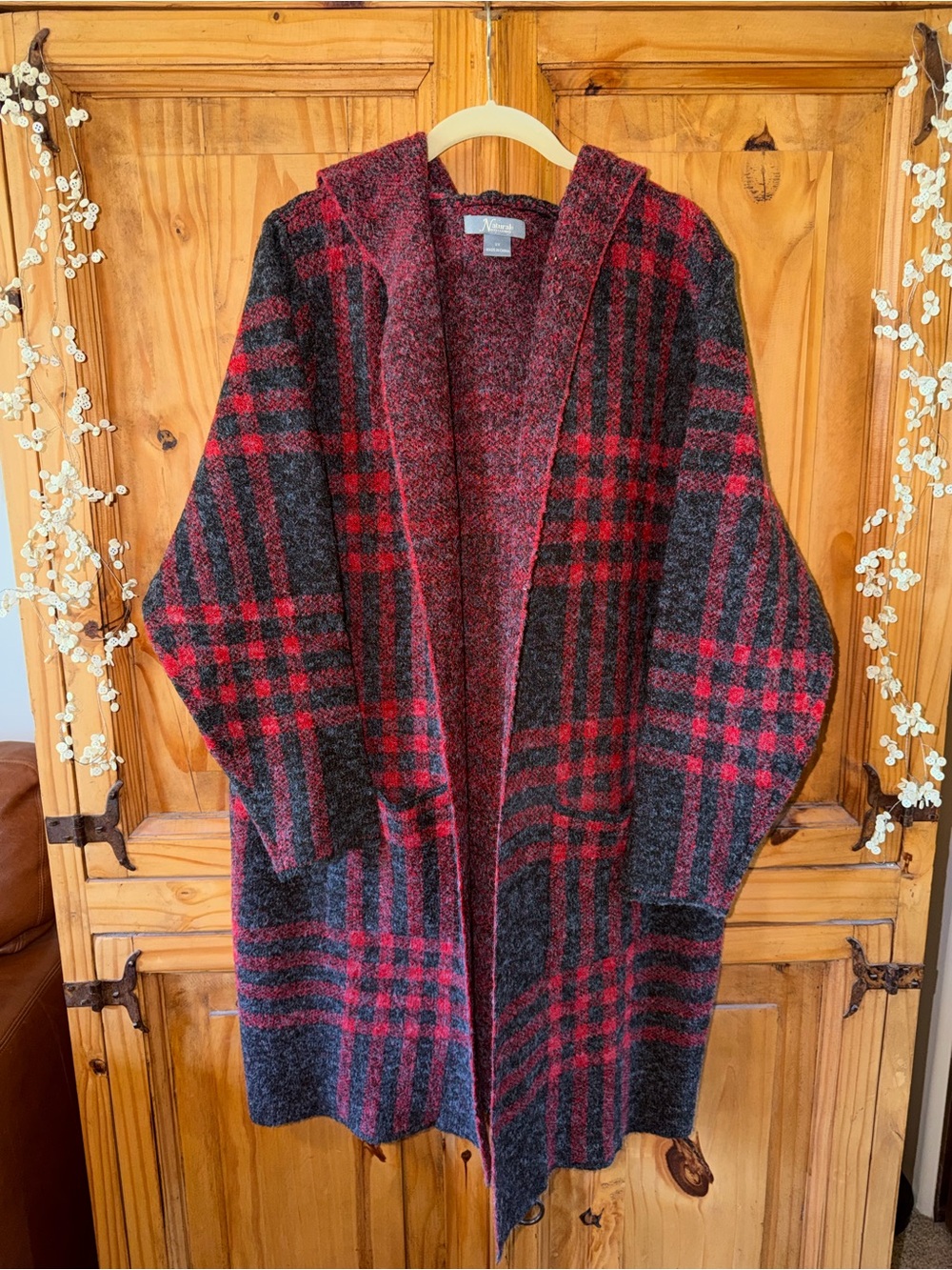 Natural Reflections Red and Gray Plaid Hooded Open Cardigan.SZ 2X. New with tags